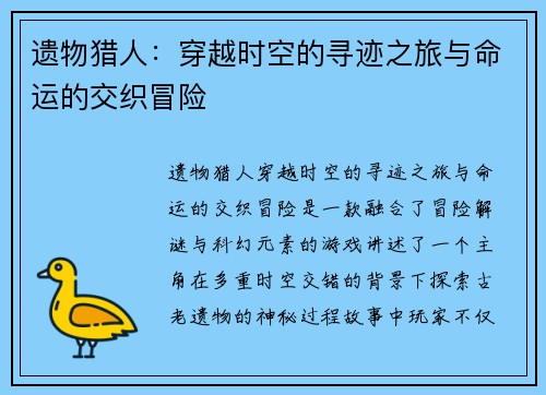 遗物猎人：穿越时空的寻迹之旅与命运的交织冒险