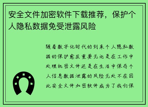 安全文件加密软件下载推荐，保护个人隐私数据免受泄露风险